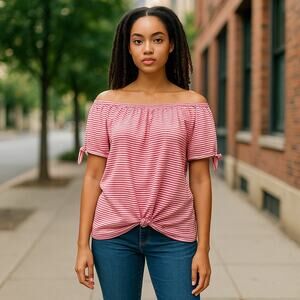 St. John's Bay Womens Top Sz XL Cranberry Stripe On Off Shoulder Convertible NEW